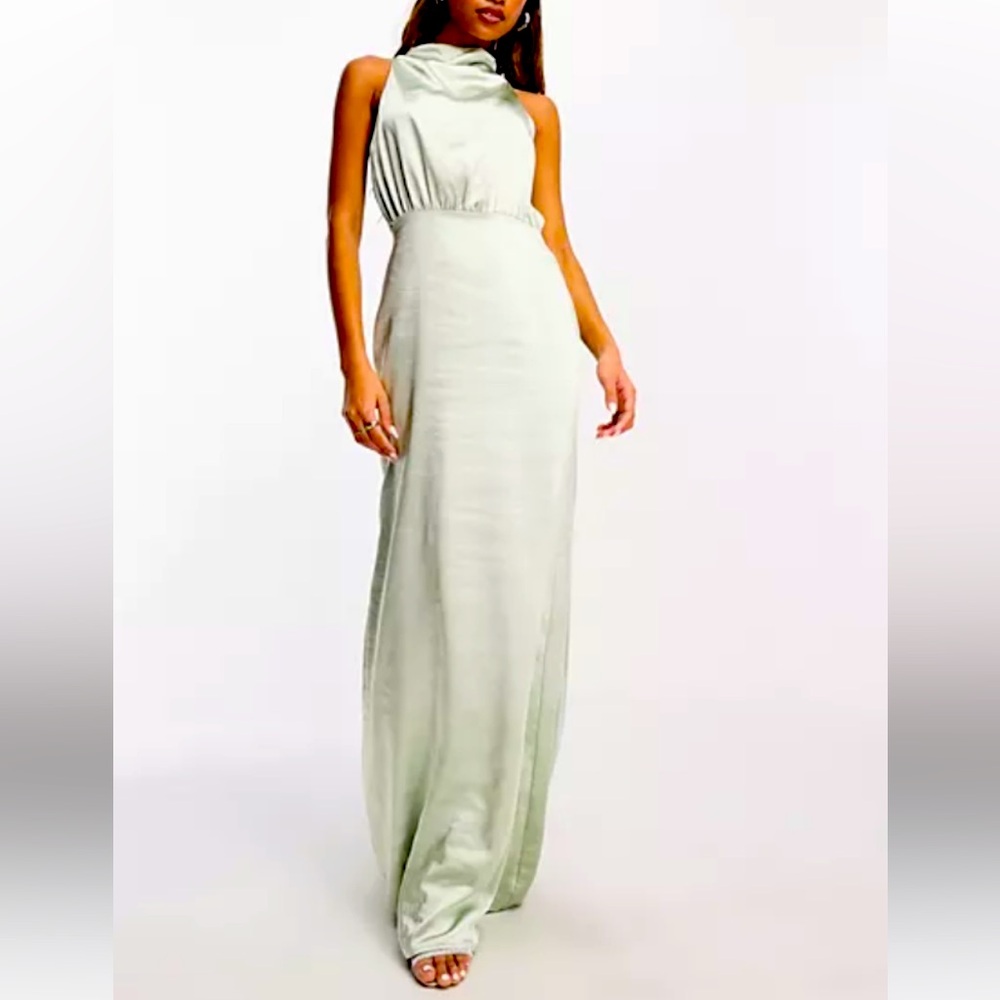 NEW Pretty Lavish Farrah High Neck Green Satin Lined Maxi Size 12